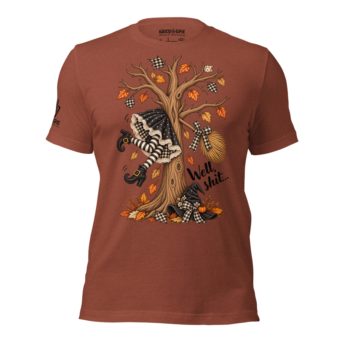 Offensive humor witch graphic tee featuring a sarcastic Halloween crash