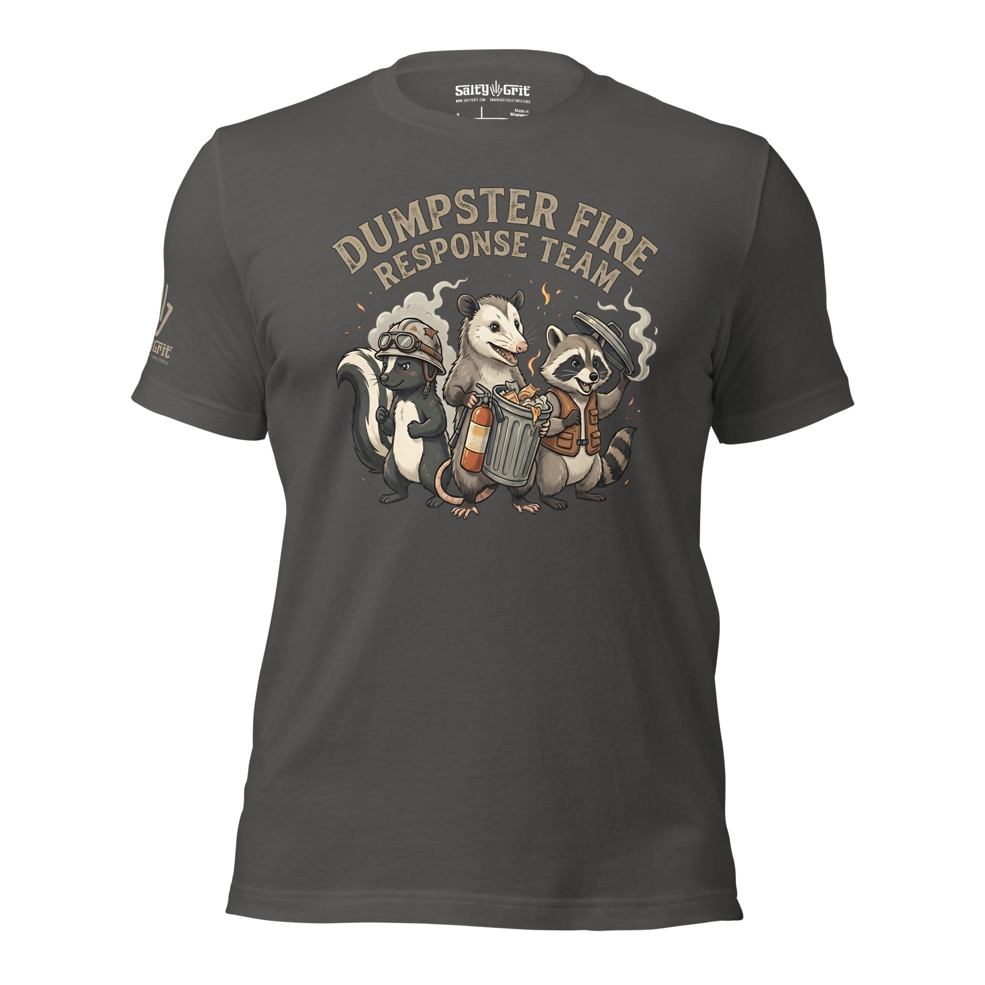 Office humor shirt with raccoon skunk and opossum holding fire extinguishers