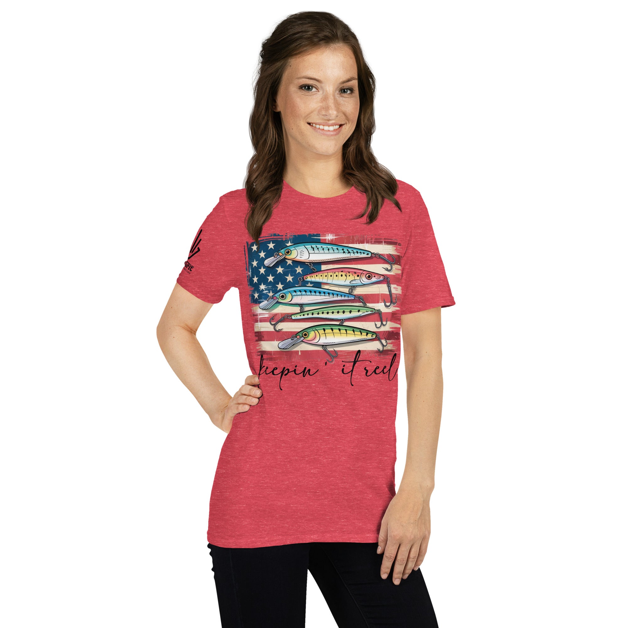 Patriotic fishing t-shirt with red, white, and blue lure design