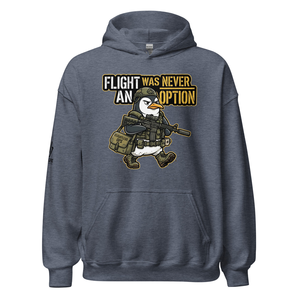 Penguin graphic hoodie with funny military humor design
