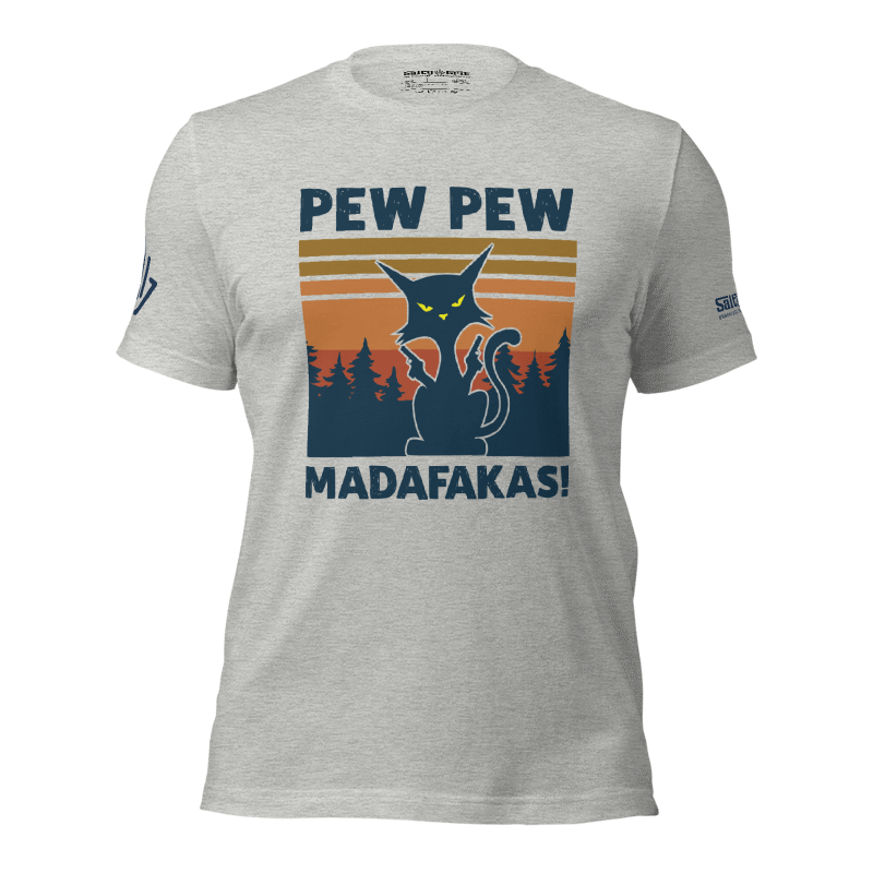 funny tshirt with cat holding pew pews that says pew pew madafakas