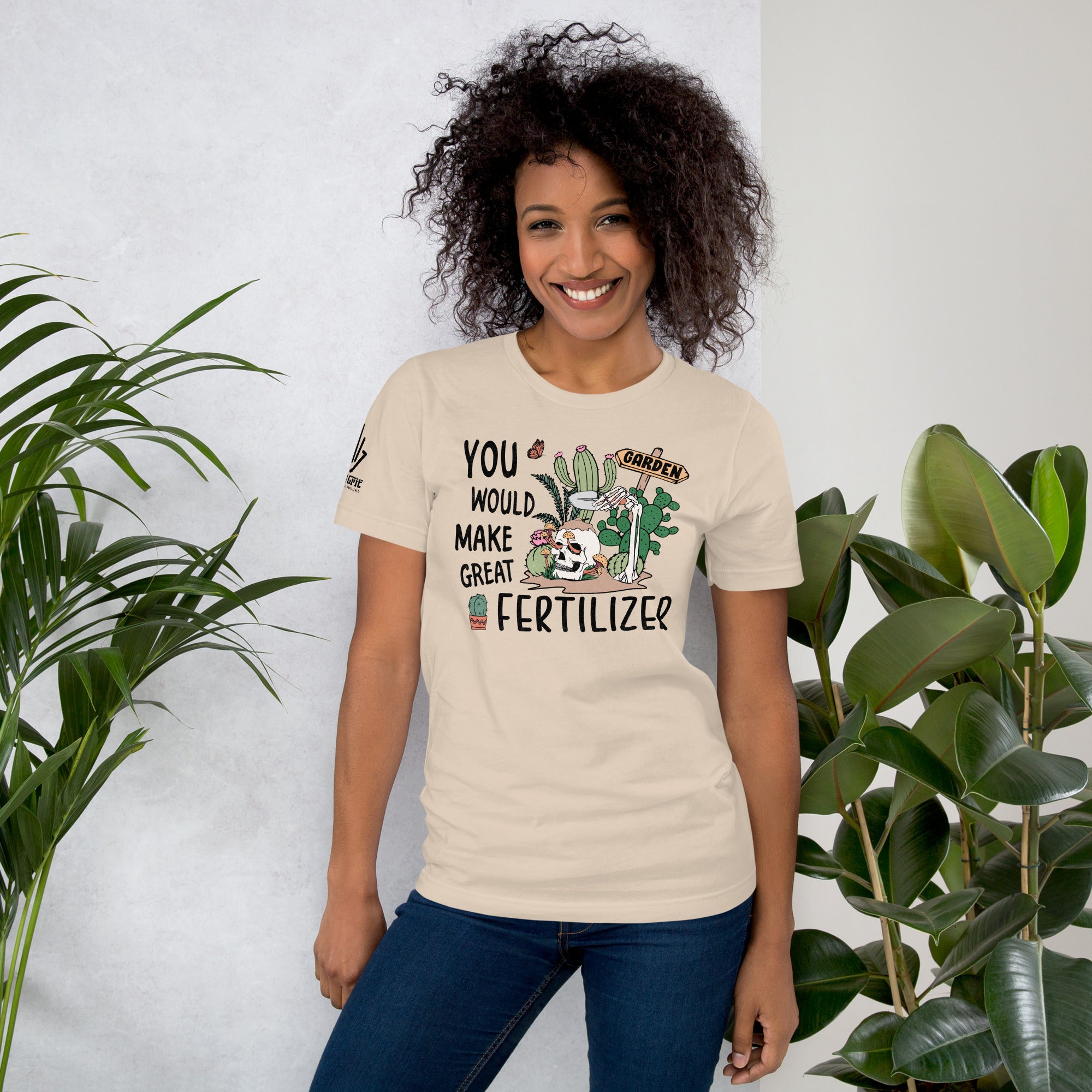 Funny graphic tee with sarcastic fertilizer quote and skull design