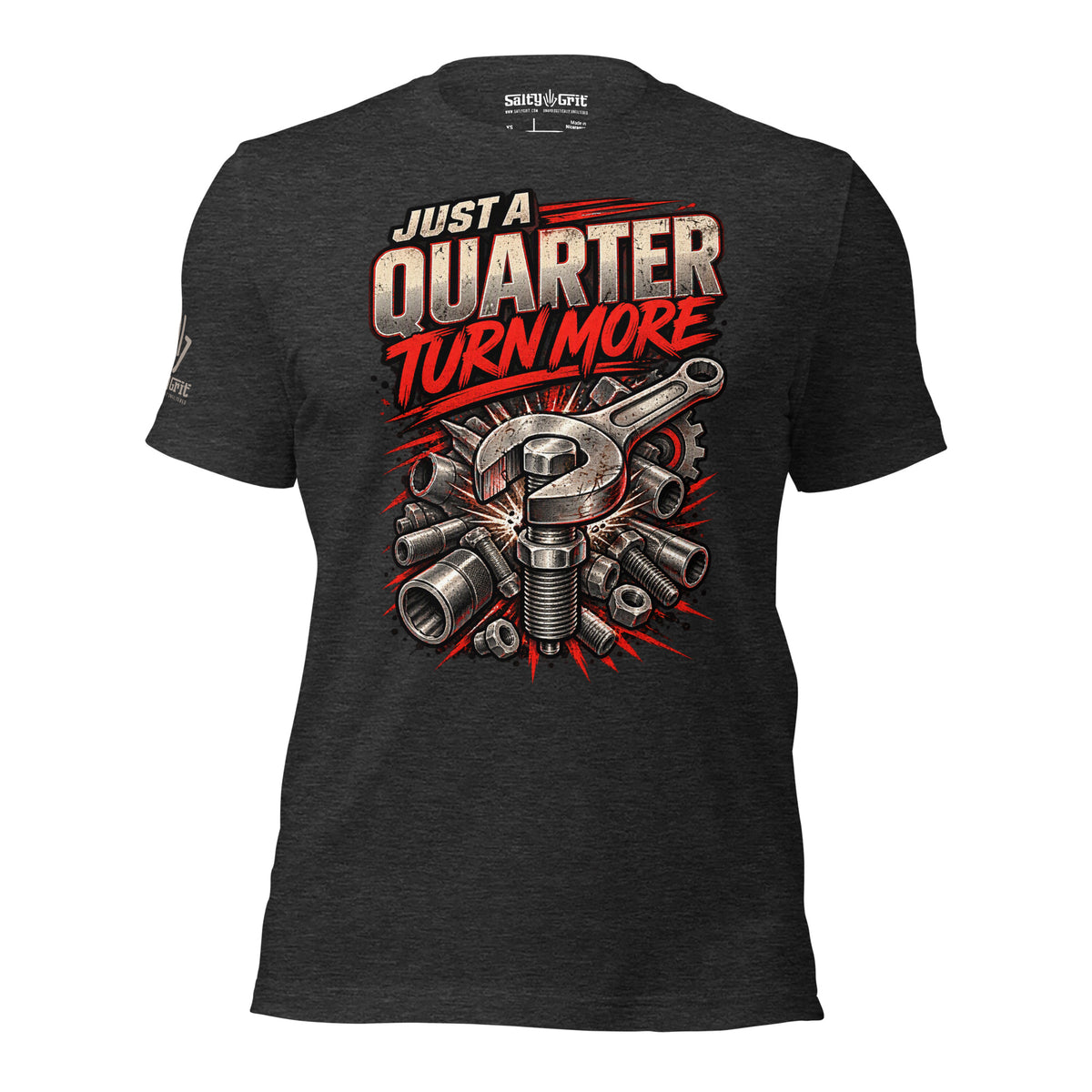 Tool-themed shirt graphic with distressed lettering and metal hardware illustrations.