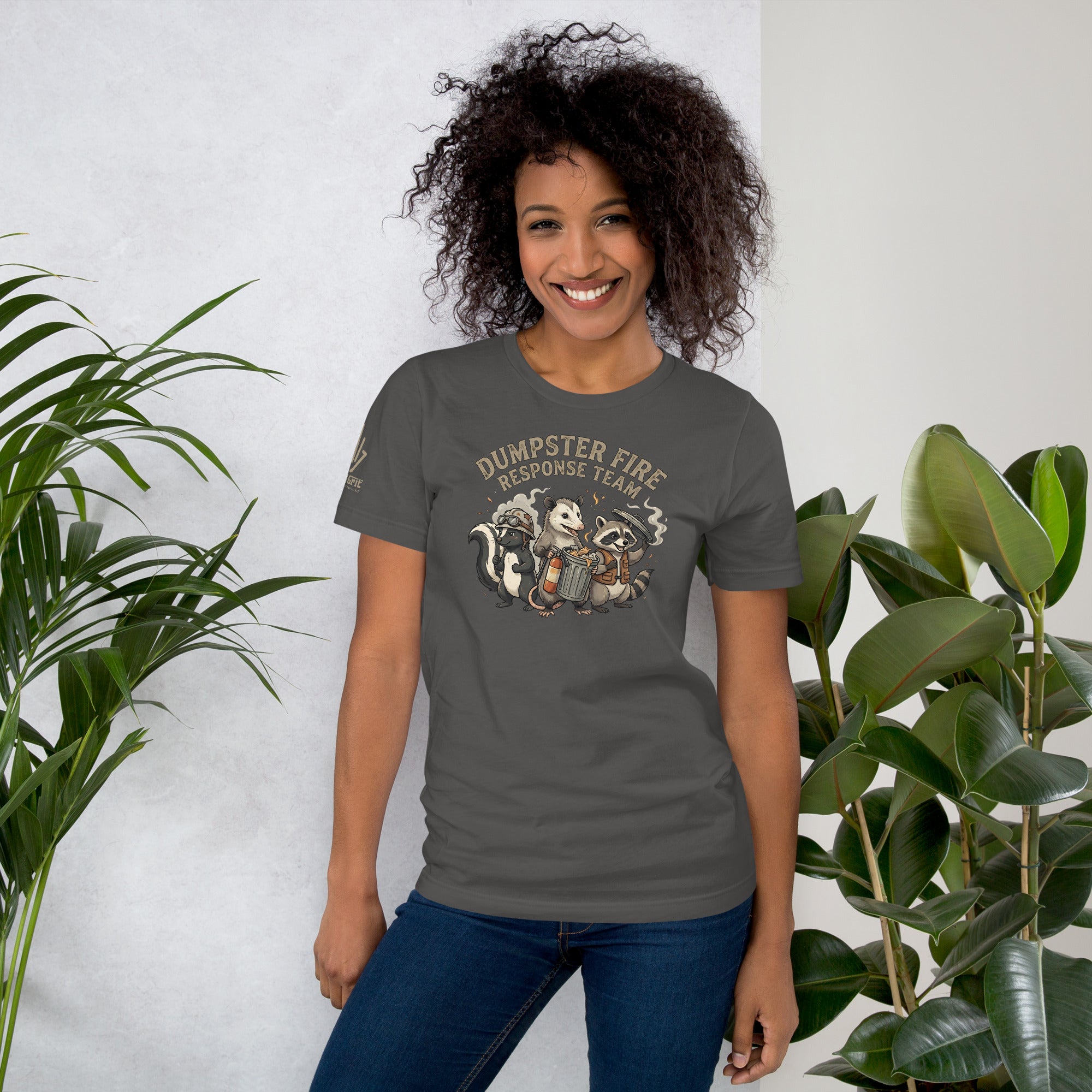 Humor t-shirt with raccoon opossum and skunk carrying fire extinguishers