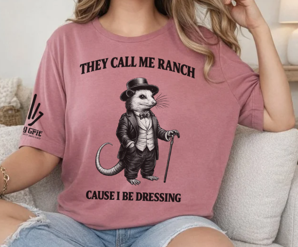 Funny ranch dressing graphic tee featuring a dressed-up mouse