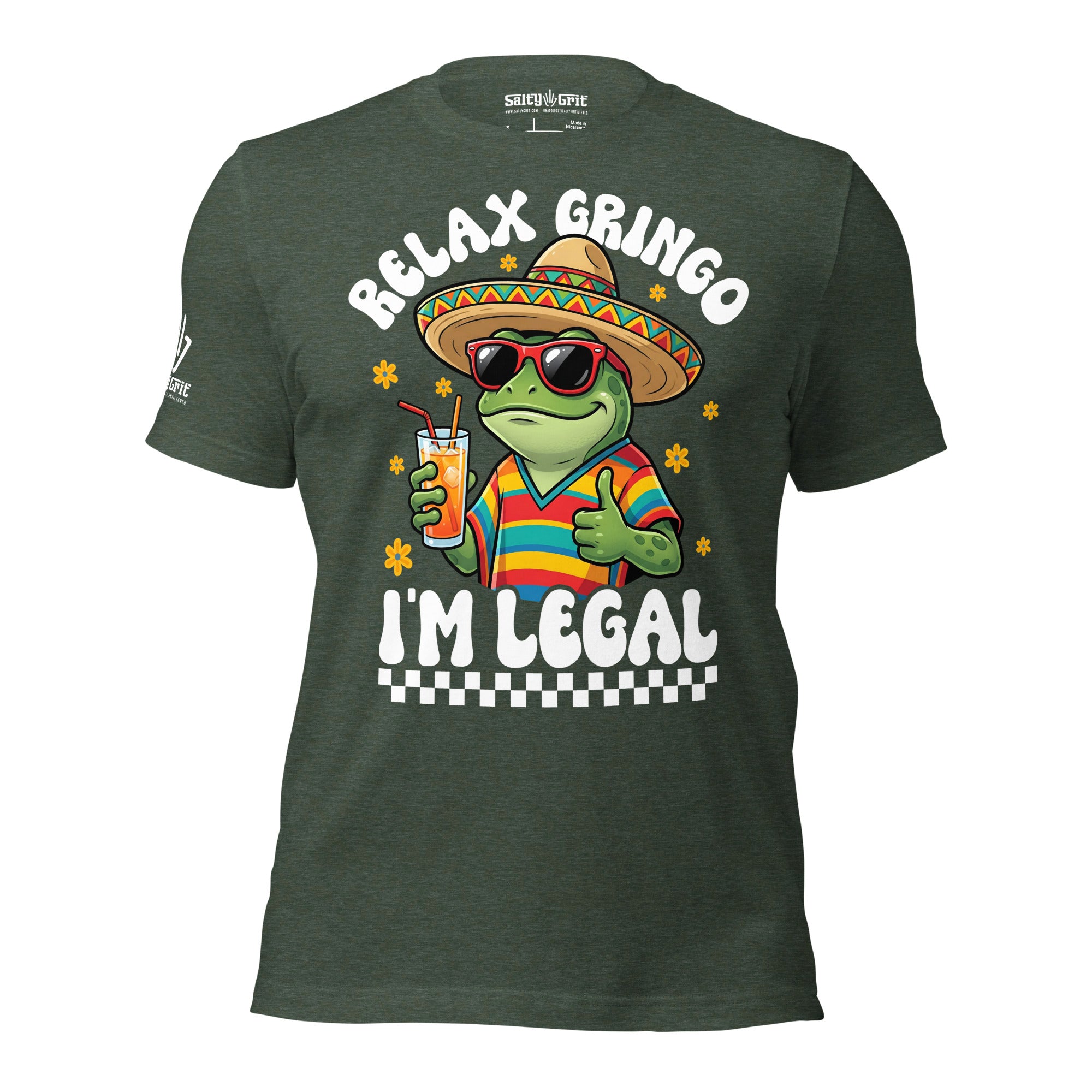 Humorous t-shirt with Relax Gringo I'm Legal saying and cartoon lizard