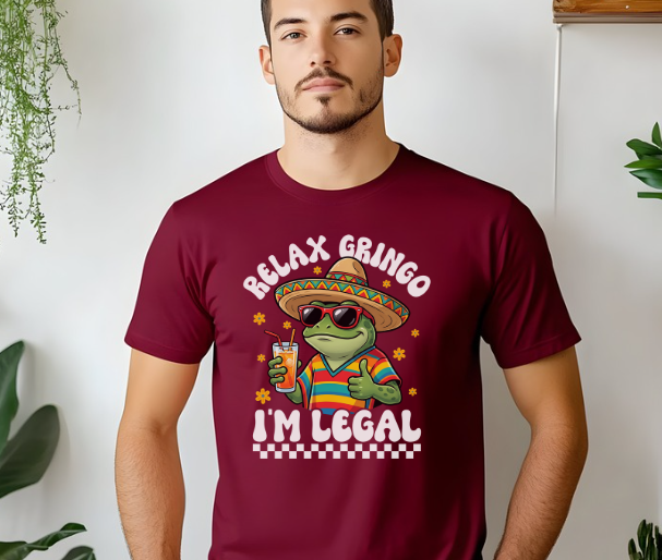 Funny shirt featuring Relax Gringo I'm Legal quote with lizard wearing a poncho and sombrero