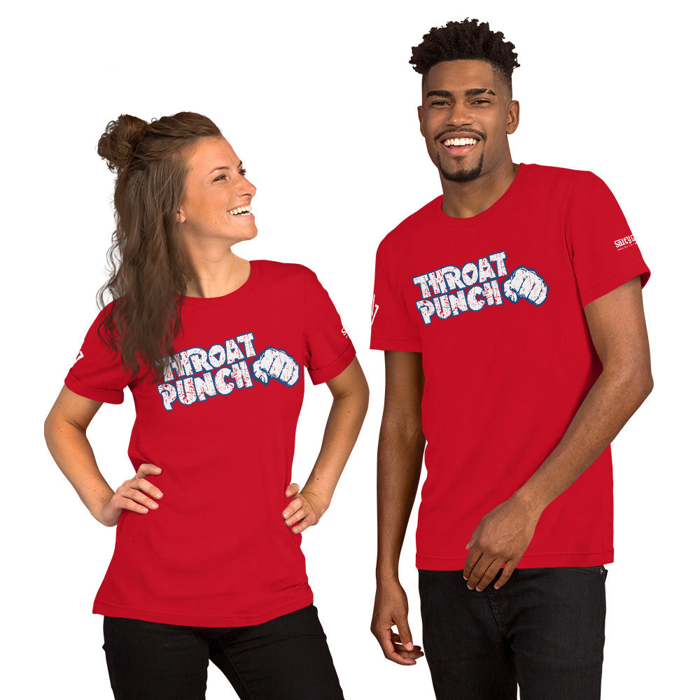 Retro Gen X Throat Punch graphic shirt with sarcastic fist design