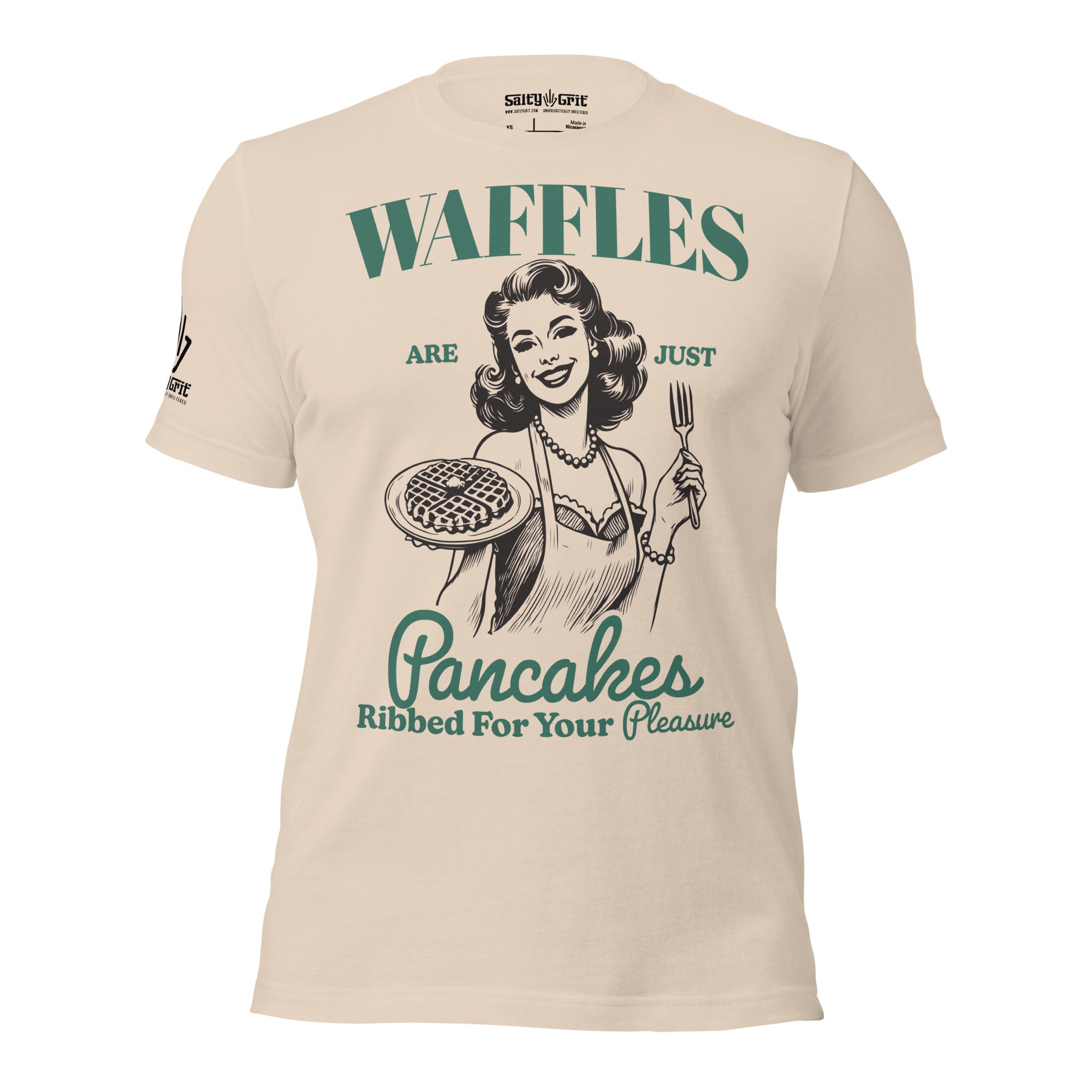 Graphic tee with 1950s housewife holding waffles and sexual humor