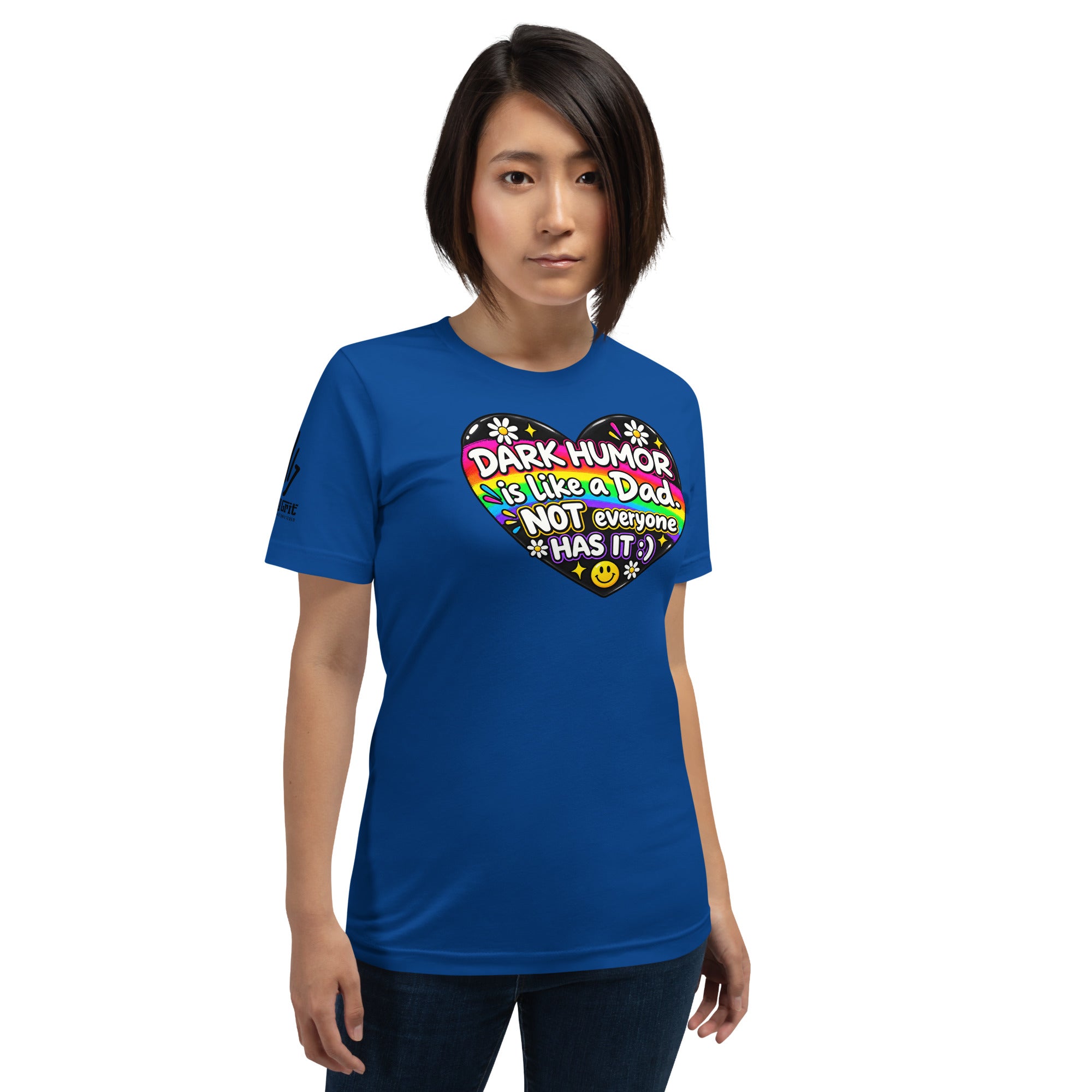 Retro sarcastic graphic tee with 70s style heart illustration
