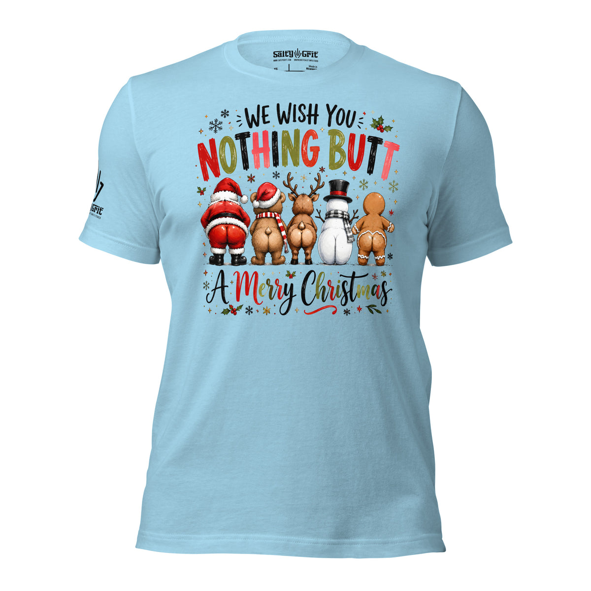 Rude Christmas graphic with colorful holiday lettering, snowflakes, and cartoon characters.