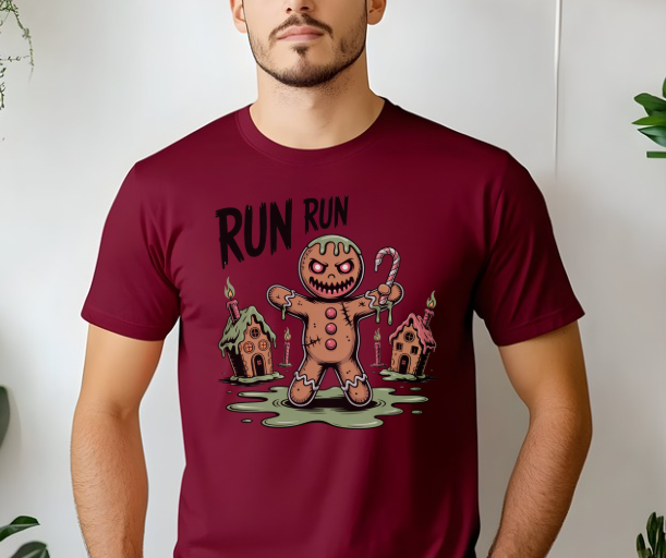Funny shirt featuring an evil gingerbread man with Run Run quote