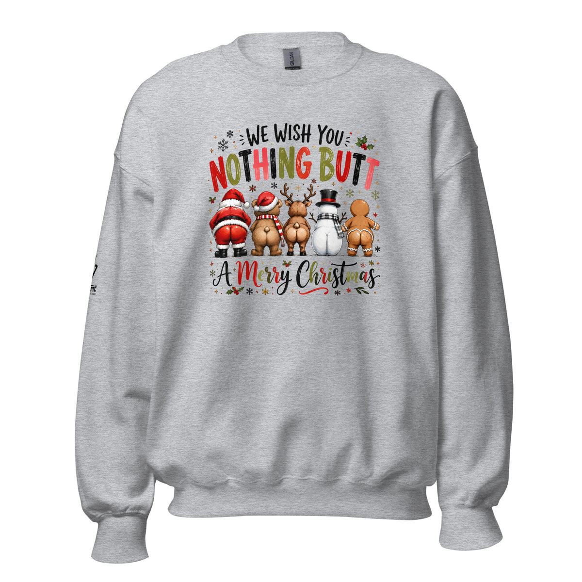 Christmas sweatshirt with humorous Santa, snowman, and reindeer artwork