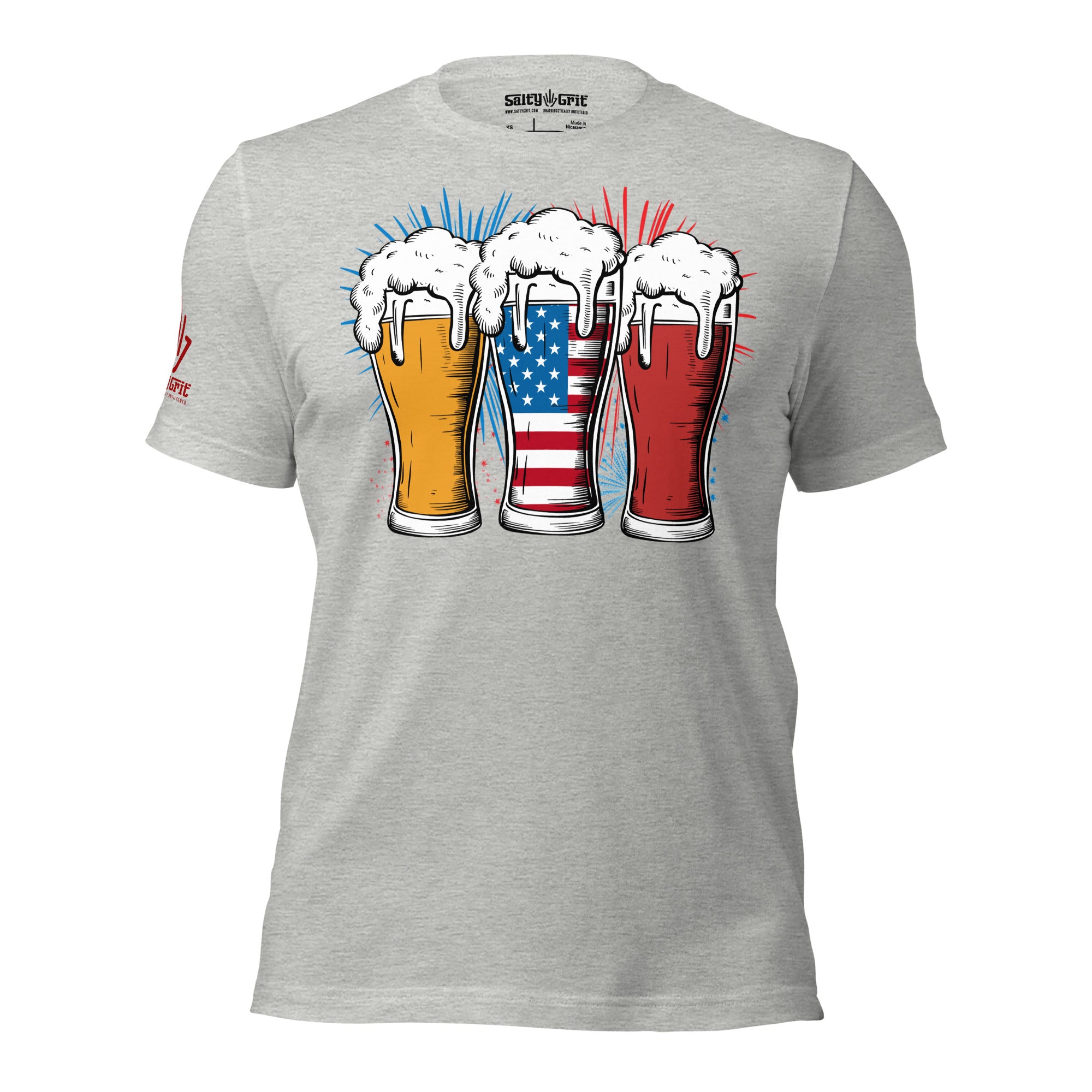 Sarcastic t-shirt with red, white, and blue patriotic beer glasses