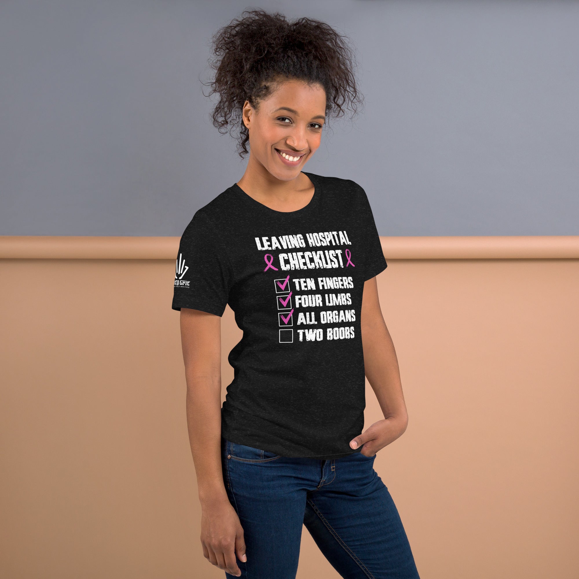 Sarcastic graphic tee with hospital checklist and unchecked two boobs line