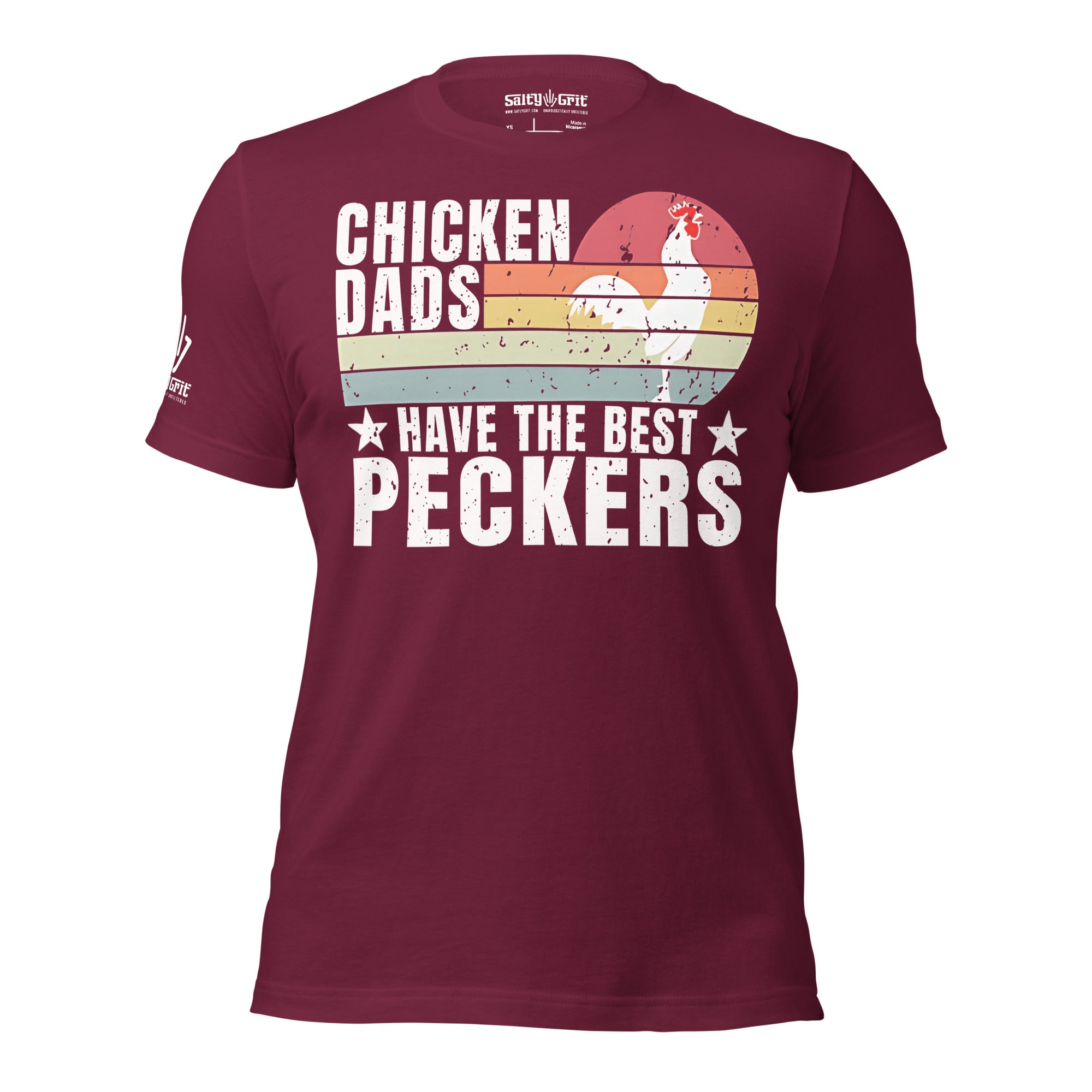 Graphic tee with chicken illustration and dad joke