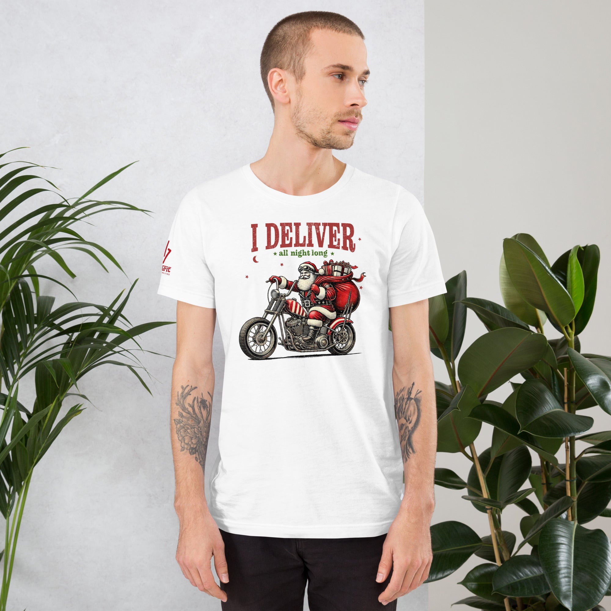 Sarcastic Christmas graphic tee featuring Santa on a motorcycle