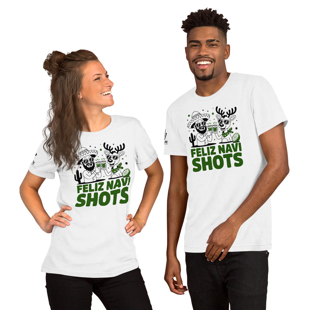 Sarcastic Christmas graphic tee with reindeer and shot glasses
