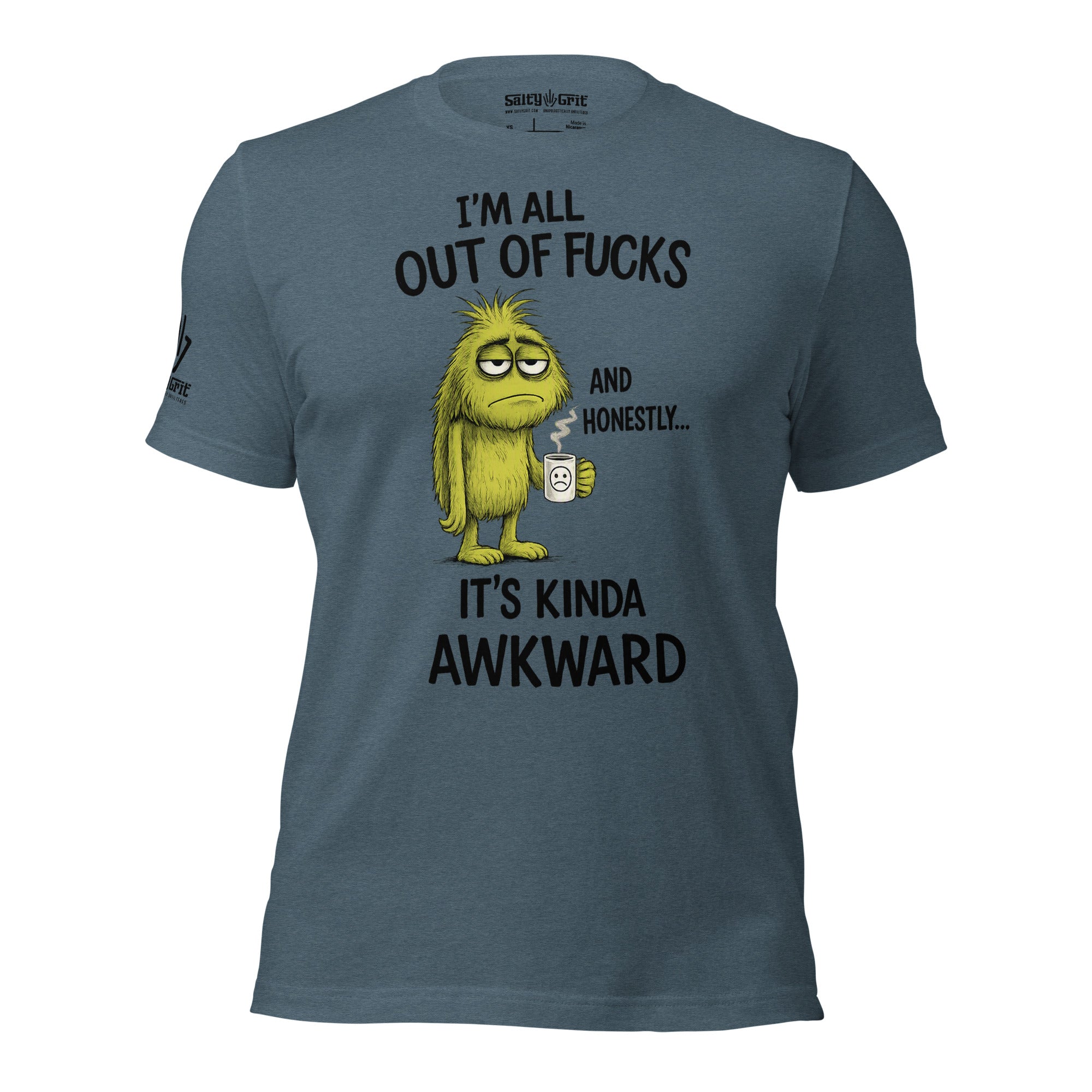 Sarcastic graphic tee featuring a sad monster drinking coffee