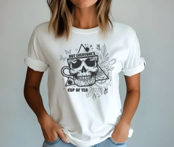 Sarcastic dark humor graphic tee featuring a skull coffee cup