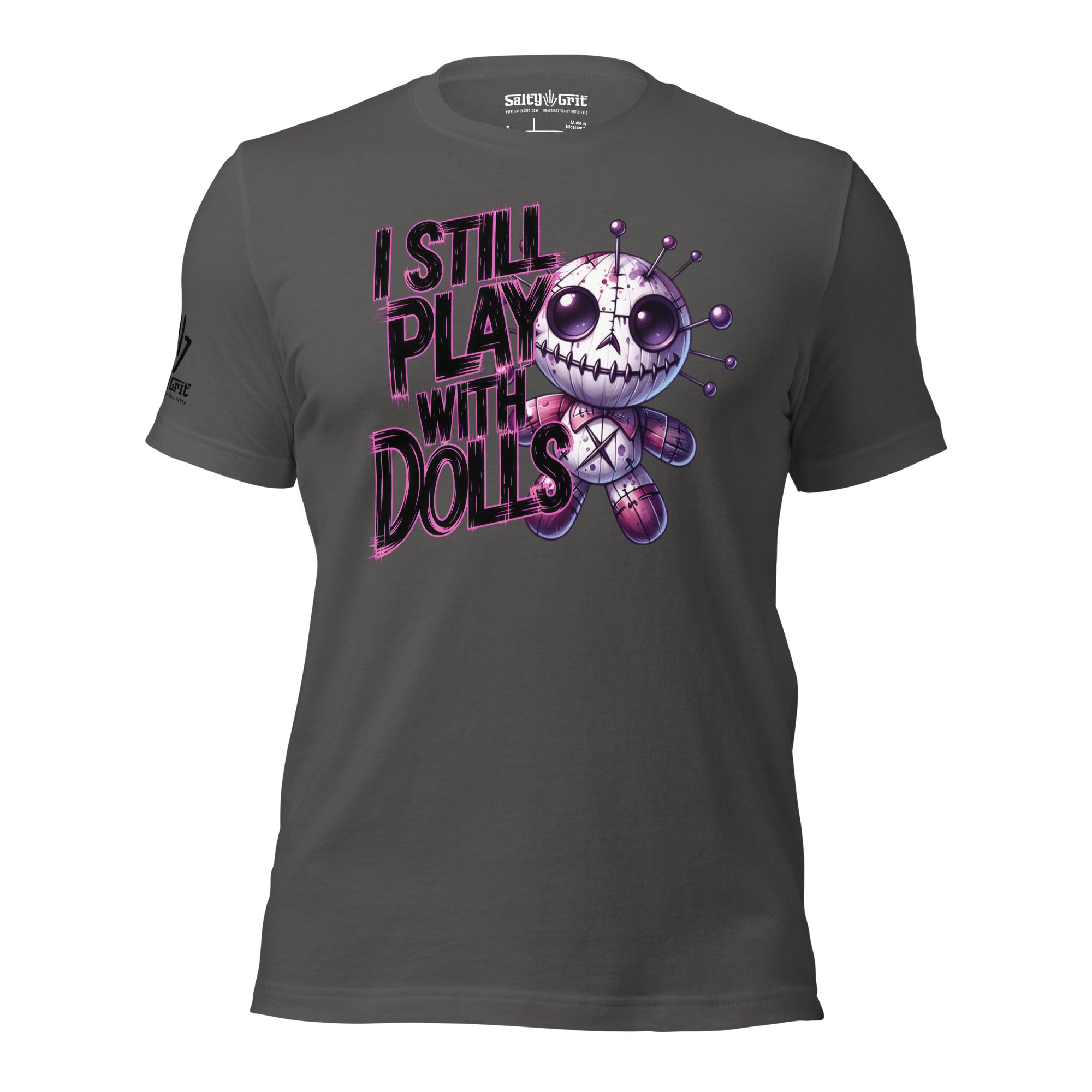 Sarcastic graphic tee featuring voodoo doll and dark humor text