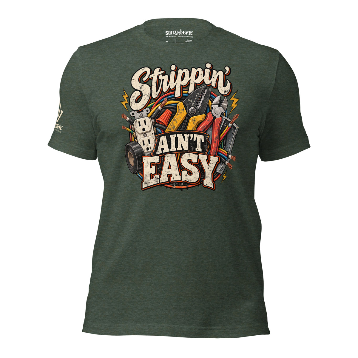 Sarcastic electrician shirt featuring electrical tools and a trade-related joke.