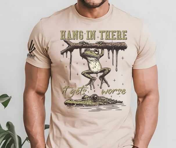 Funny sarcastic shirt for pessimists featuring a frog and alligator with Hang in There It Gets Worse
