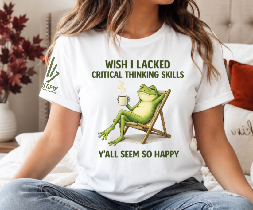 Sarcastic frog shirt design featuring a seated frog and a cup of coffee.