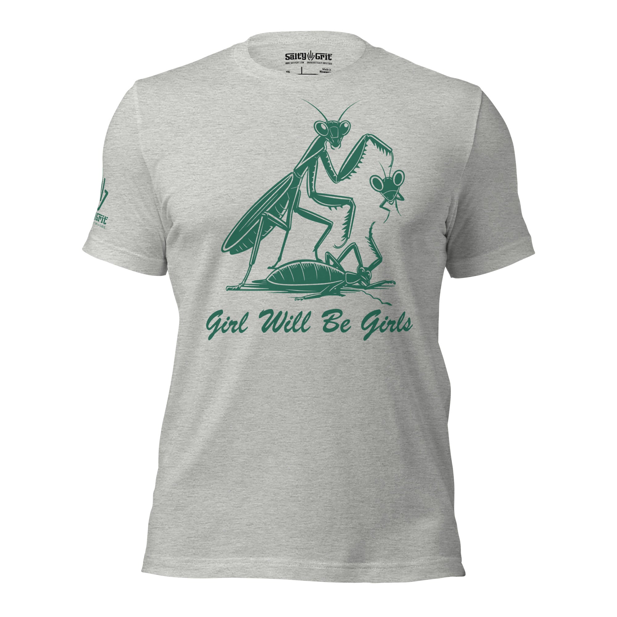 Sarcastic girl power graphic tee with praying mantis design