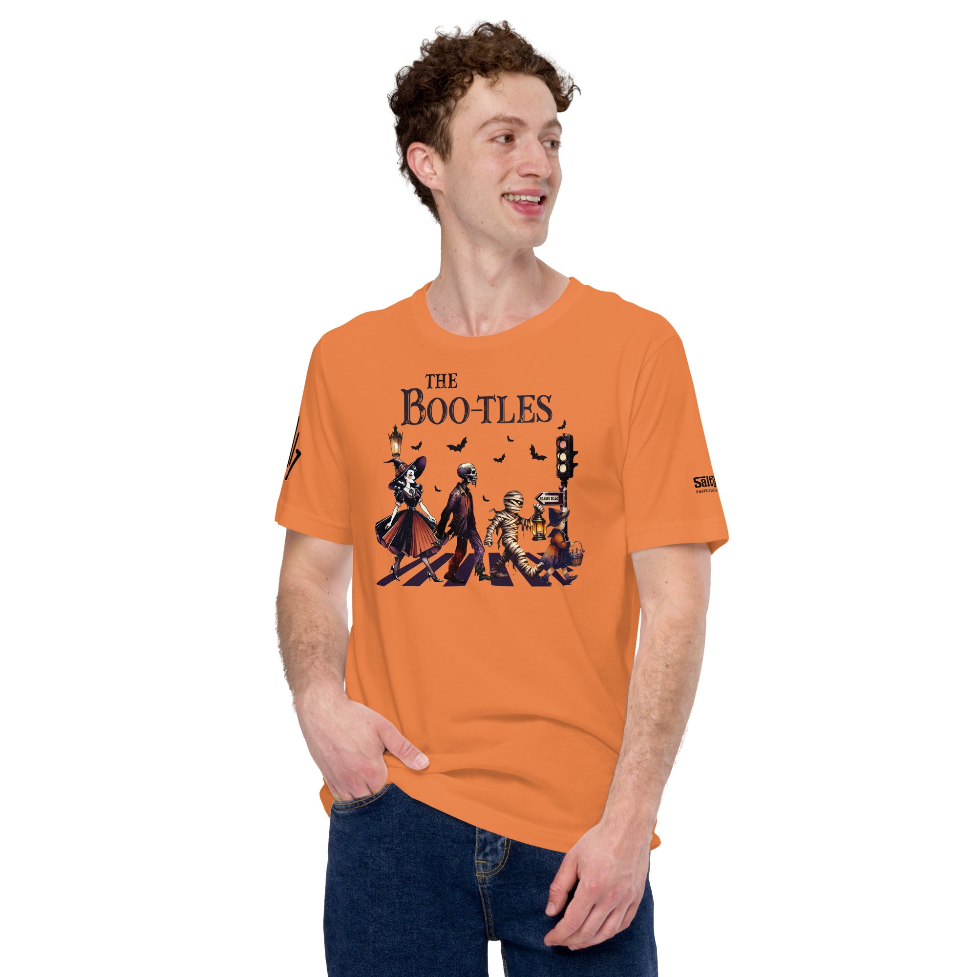 Sarcastic graphic tee featuring Halloween characters in crosswalk parody