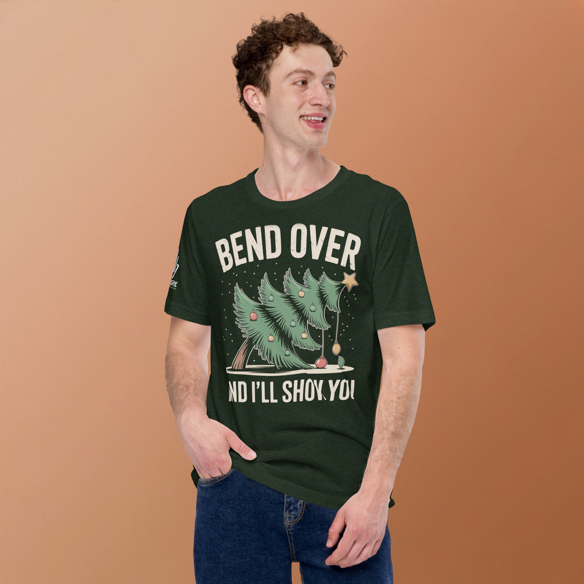 Sarcastic Christmas graphic tee with tree bending joke