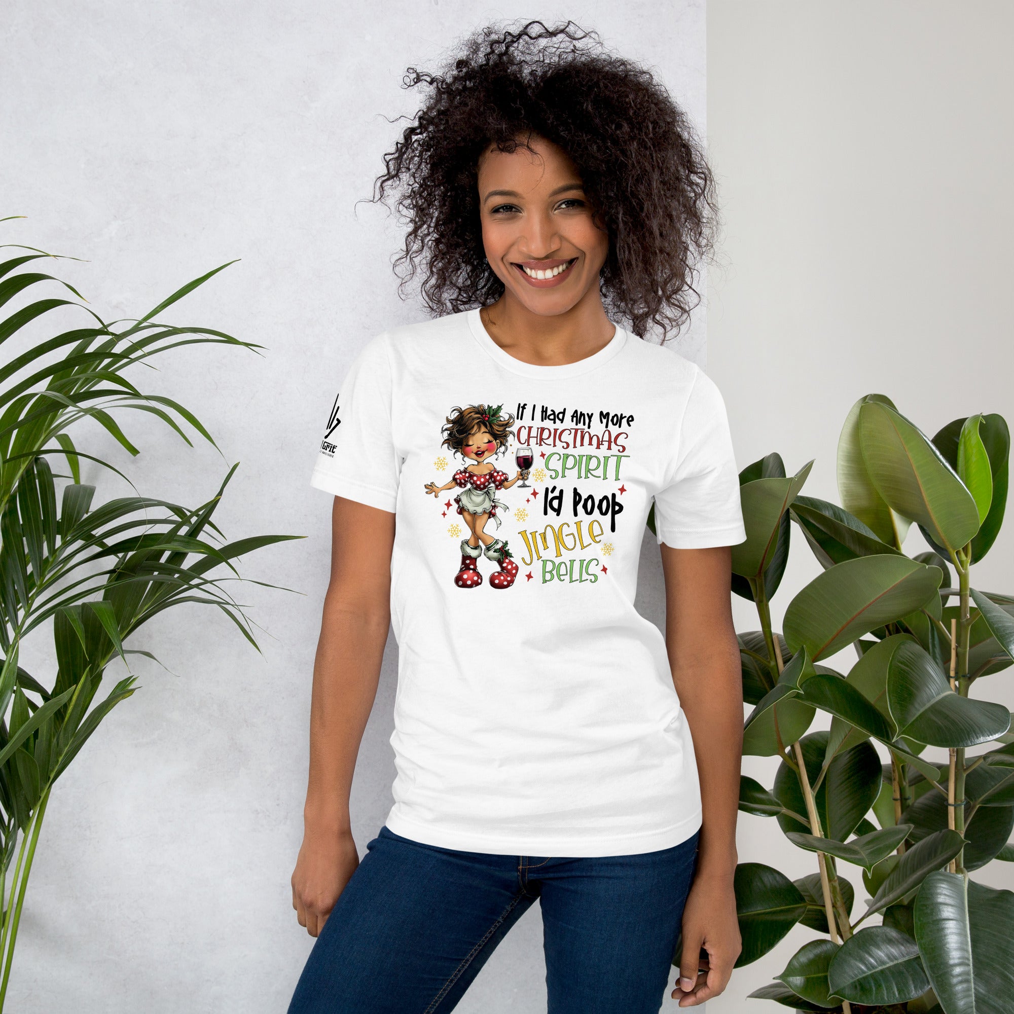 Sarcastic holiday tee featuring Christmas spirit joke and festive lady