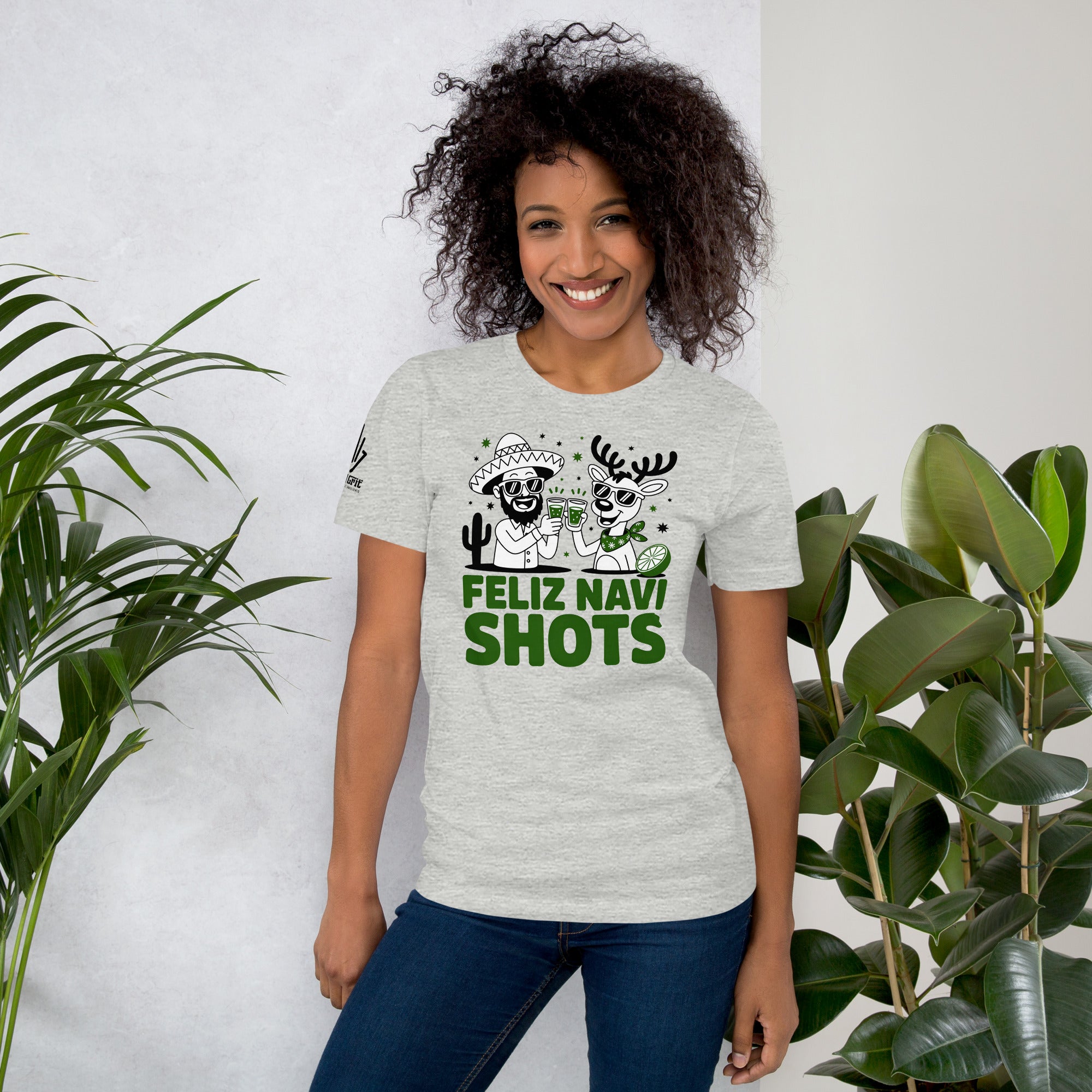 Sarcastic holiday graphic tee featuring reindeer doing shots
