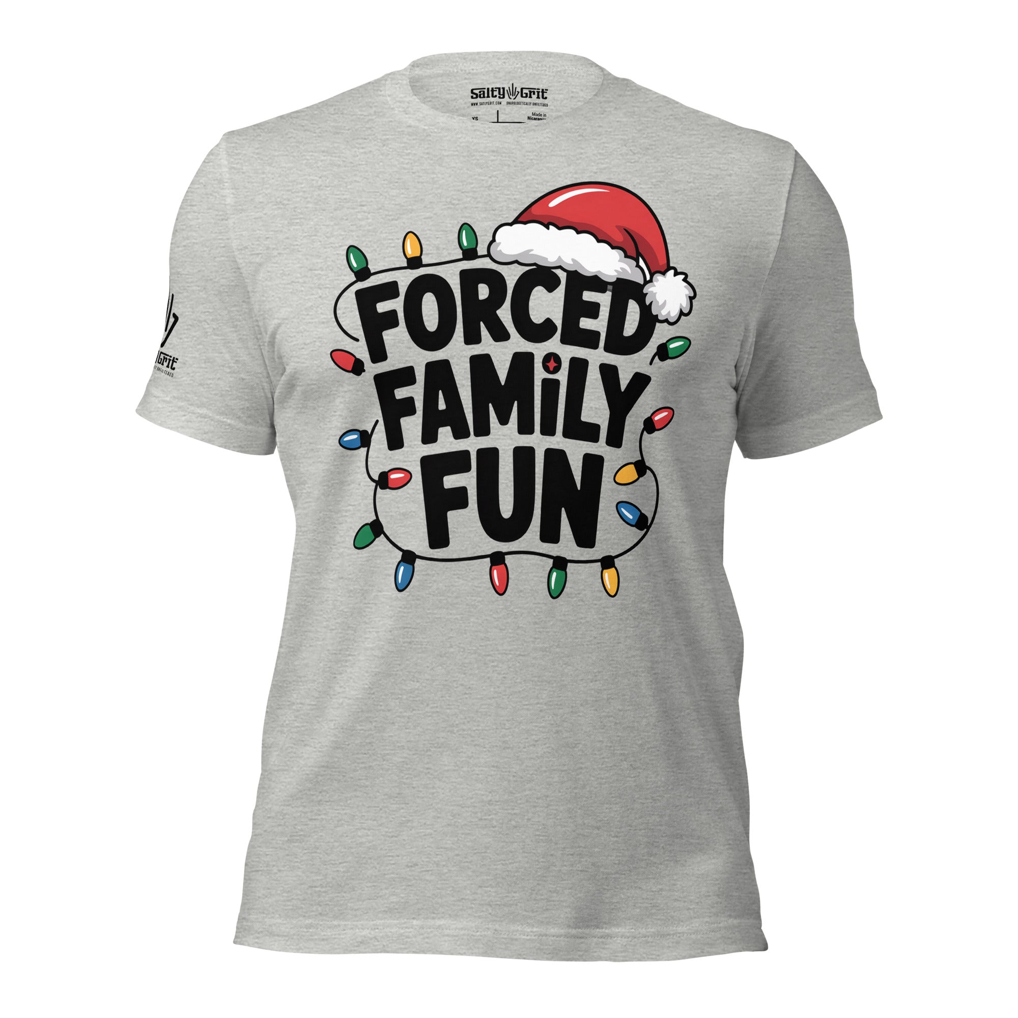 Sarcastic holiday tee featuring Forced Family Fun slogan and Christmas lights