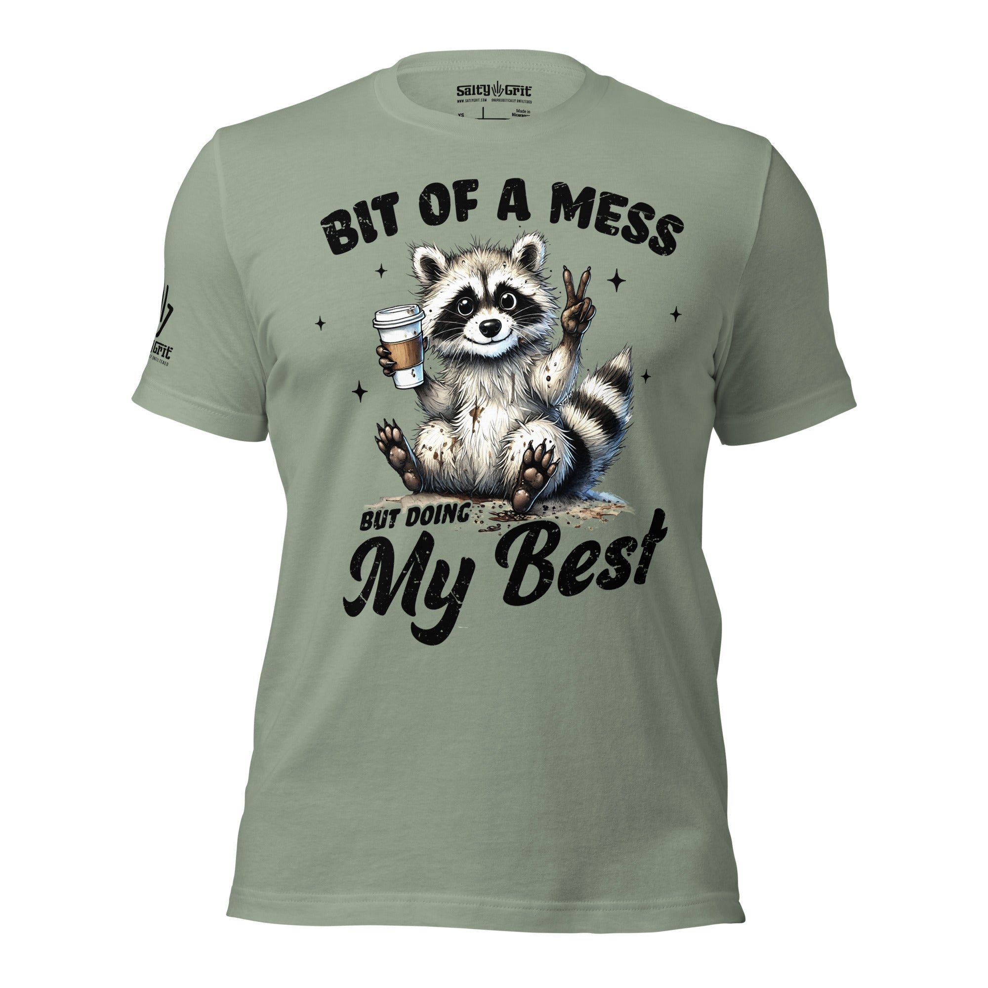 Sarcastic graphic tee for hot messes with raccoon and coffee design