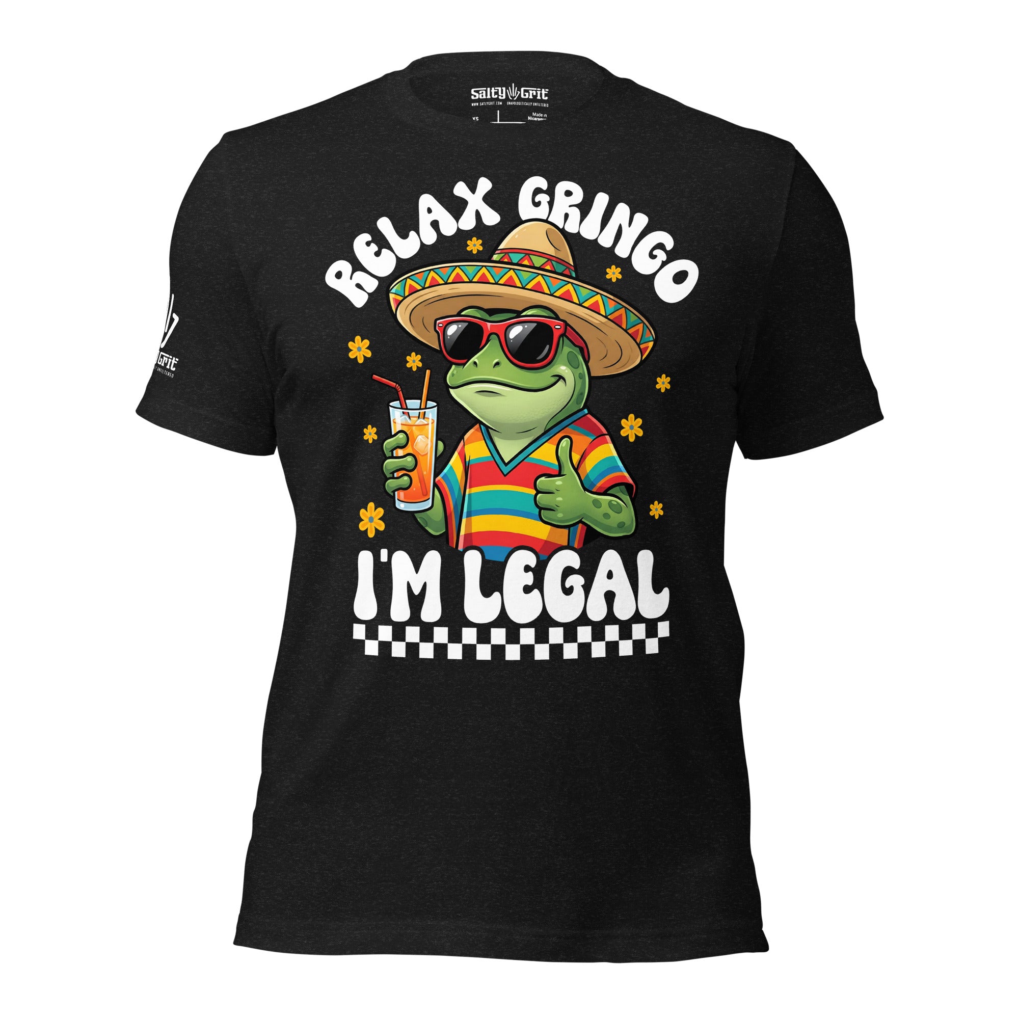 Sarcastic graphic tee with lizard in poncho, sombrero, and drink
