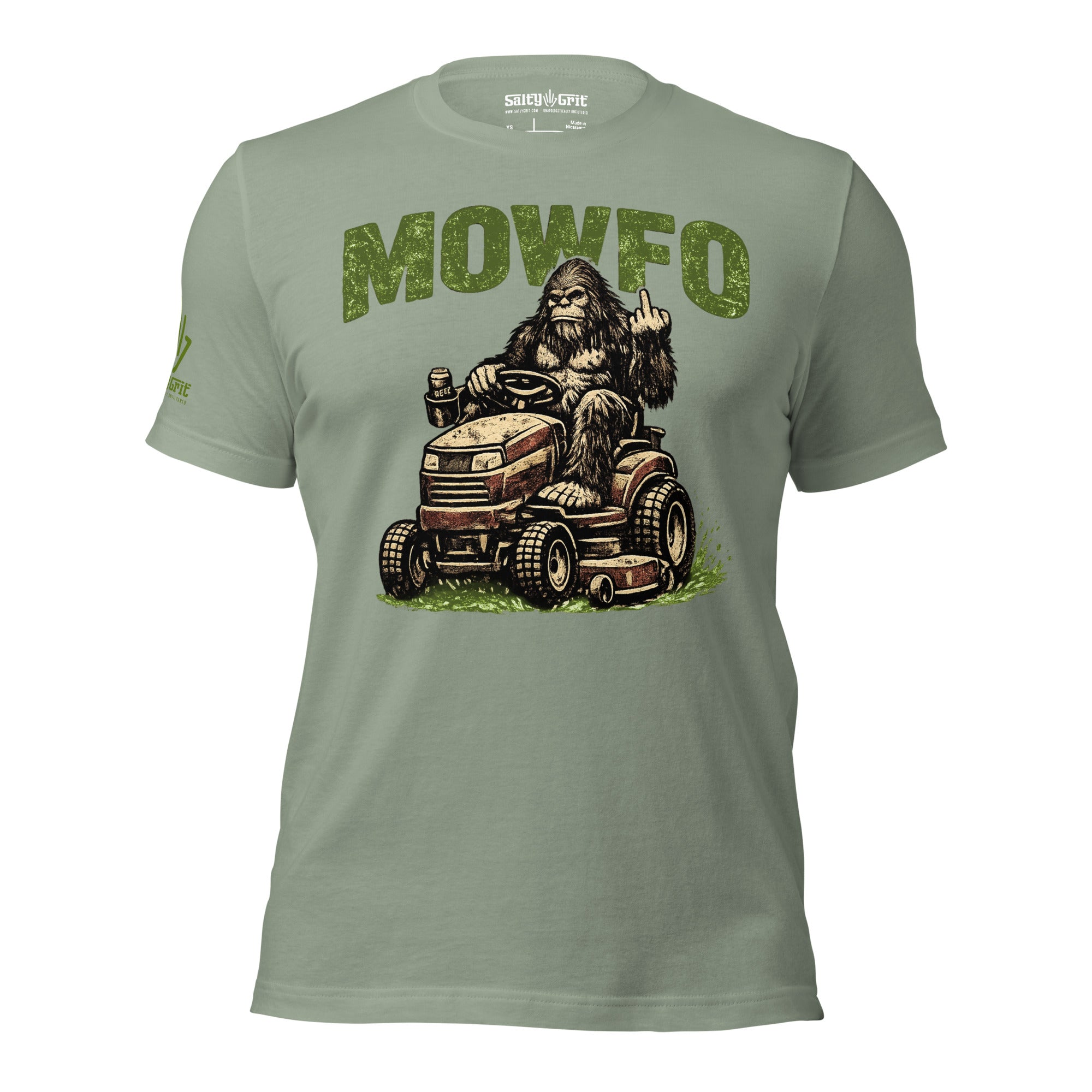 Sarcastic t-shirt for lawn mowing fans with Bigfoot riding a mower