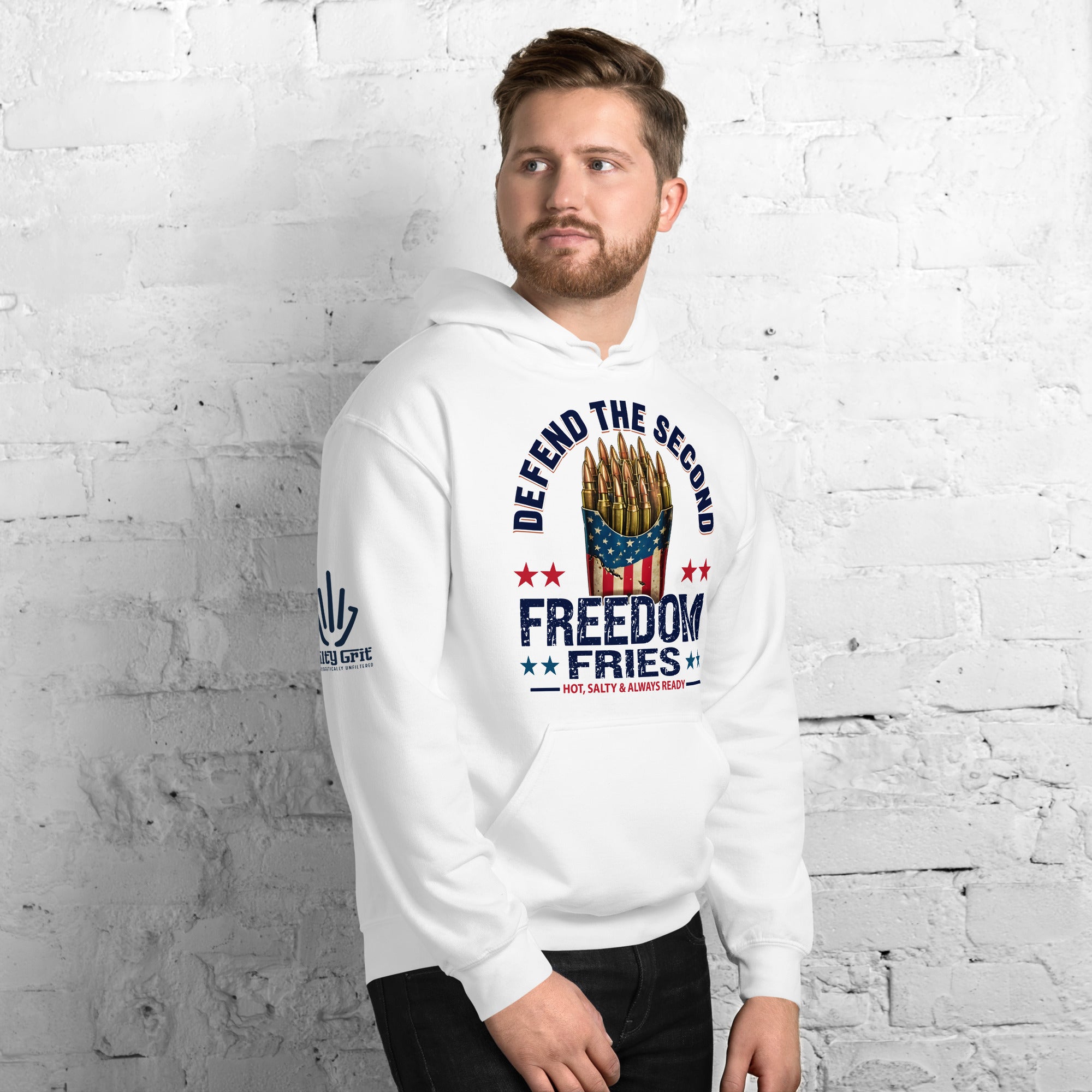 Sarcastic hoodie for patriots with fry box and bullets design
