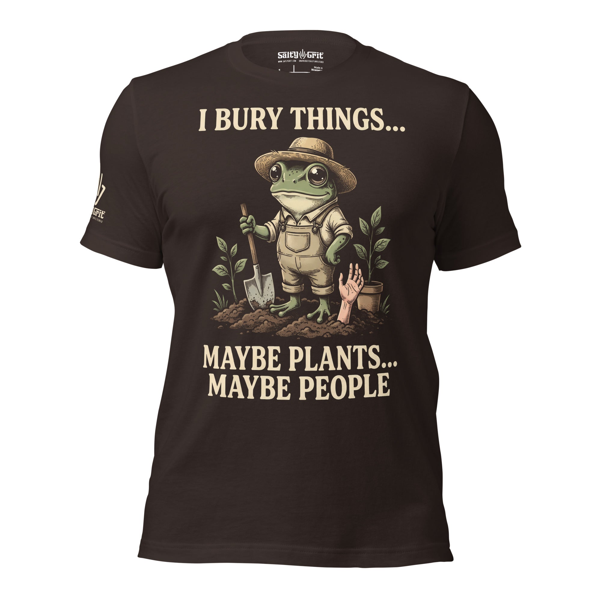 Sarcastic plant lover t-shirt with frog gardening artwork