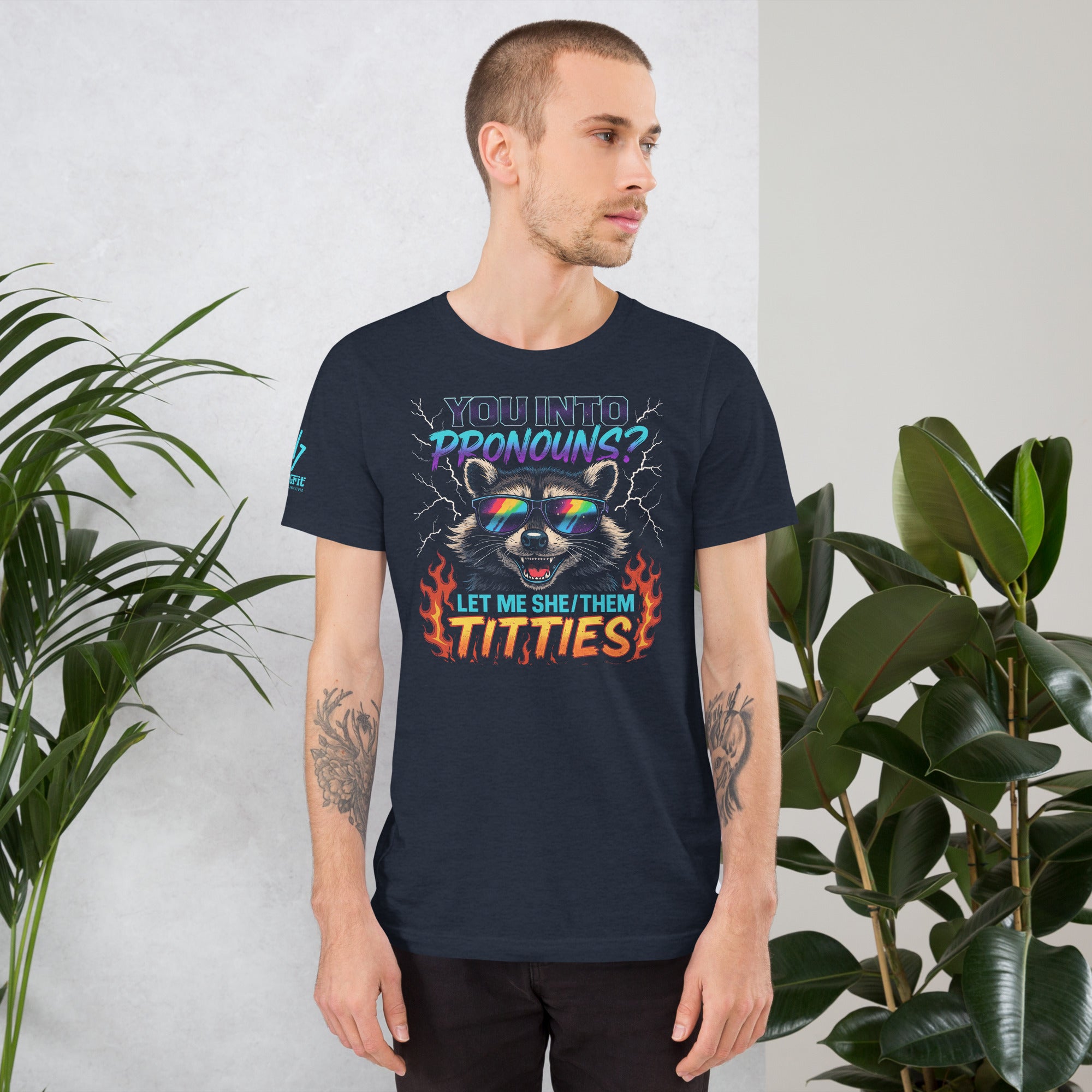 Raccoon in rainbow sunglasses on inappropriate humor tee