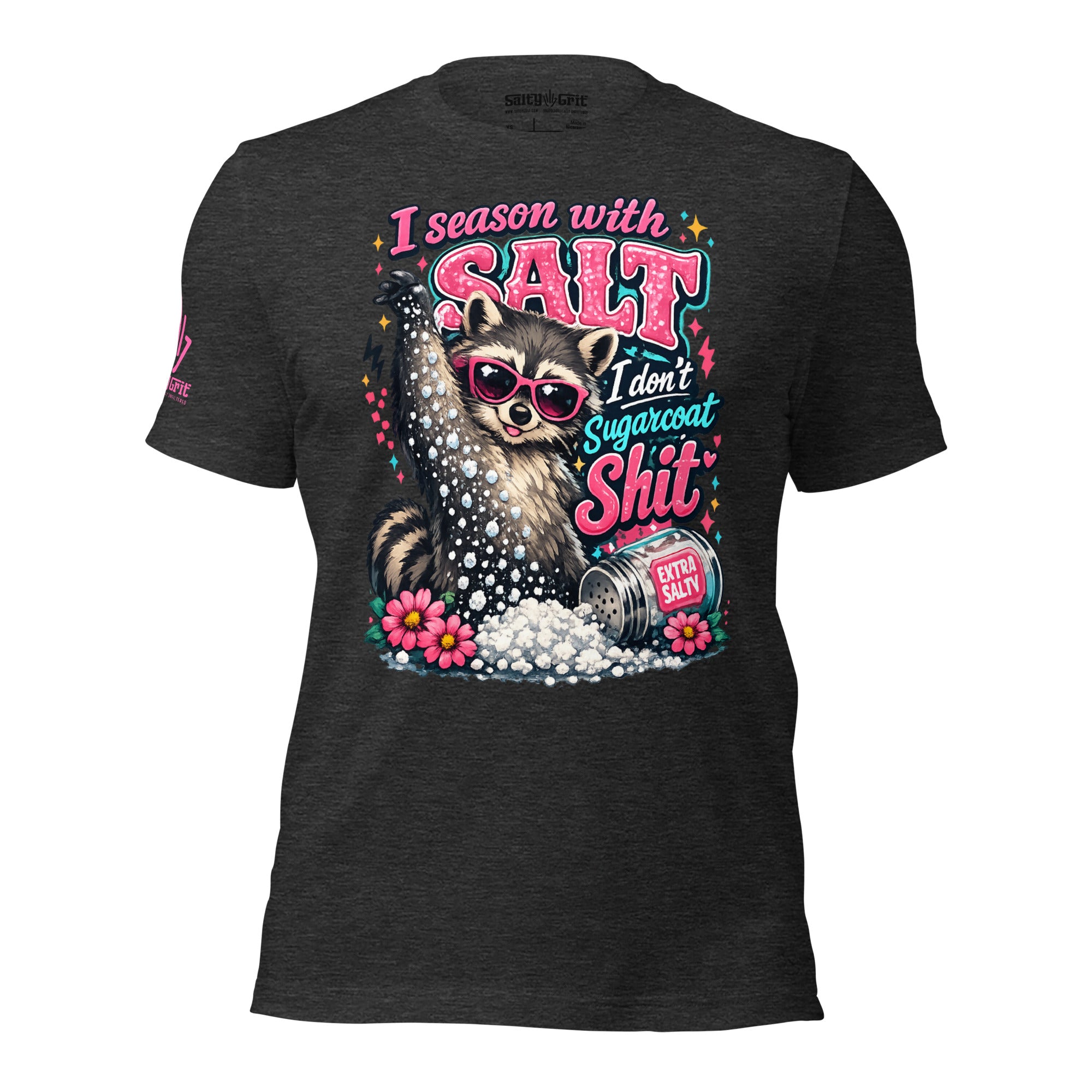 Sarcastic graphic tee featuring a raccoon throwing salt