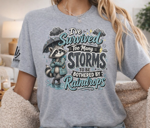 Sarcastic graphic tee with a raccoon wearing a raincoat and attitude