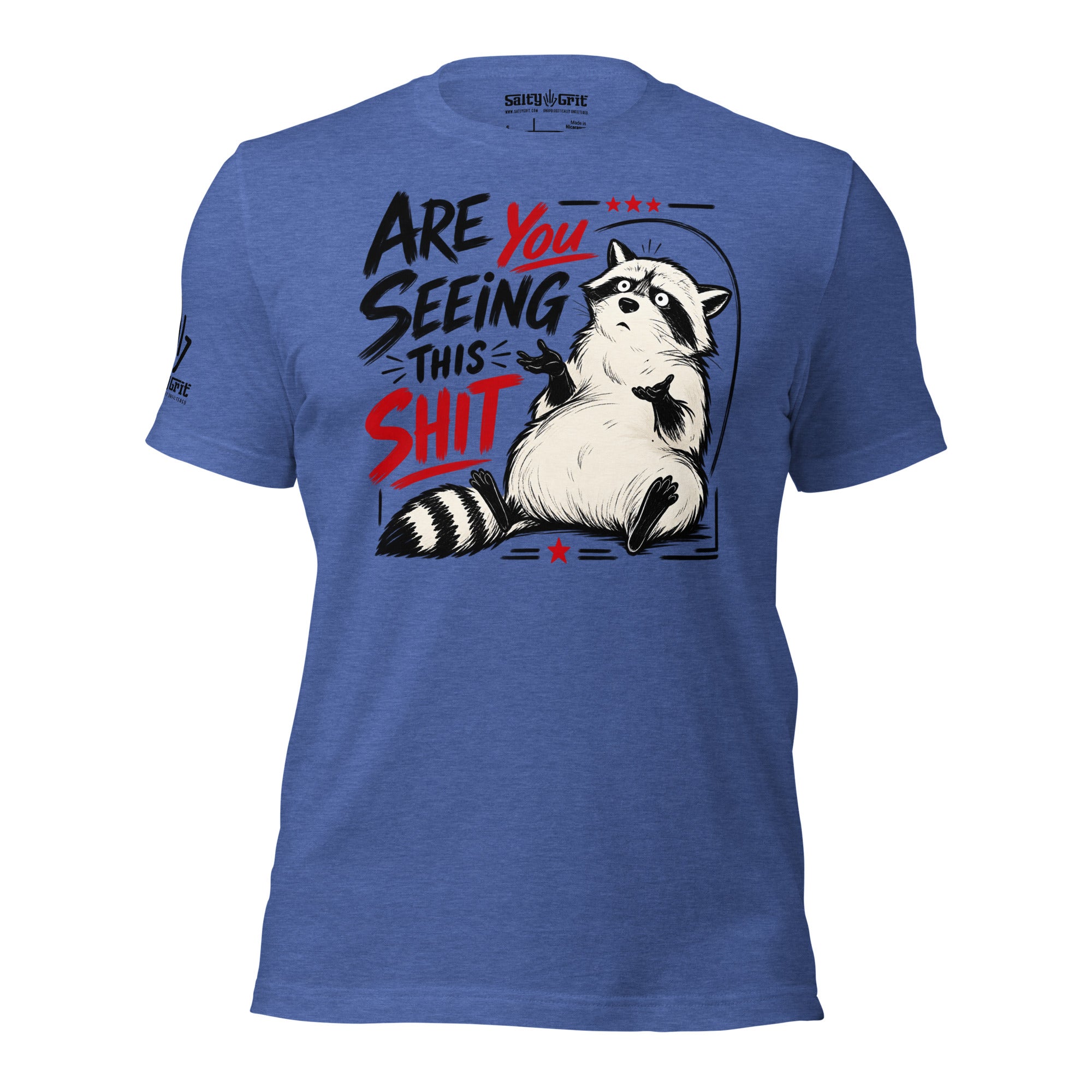 Sarcastic t-shirt featuring a concerned raccoon and funny wording