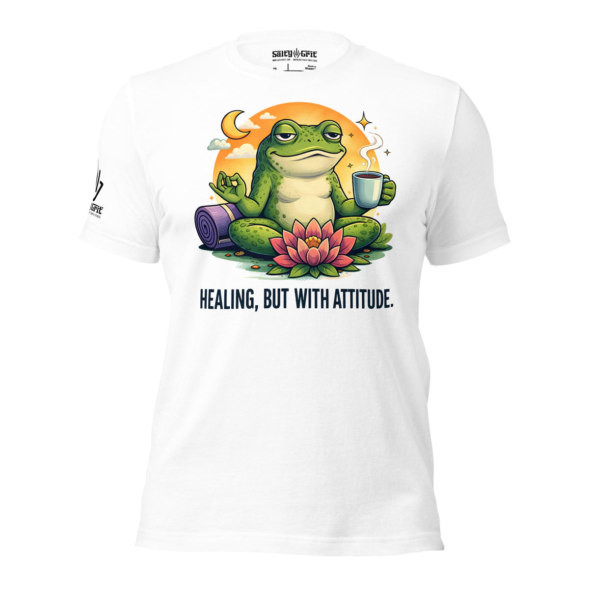 Sarcastic self-care funny tee featuring a frog, coffee, and meditation