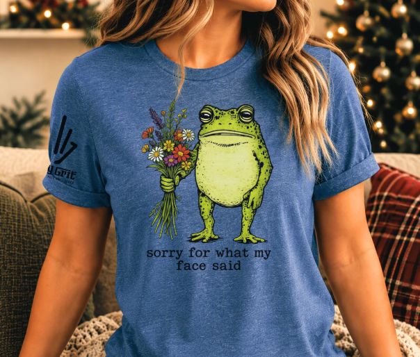 Funny shirt reading Sorry for What My Face Said with a toad holding flowers