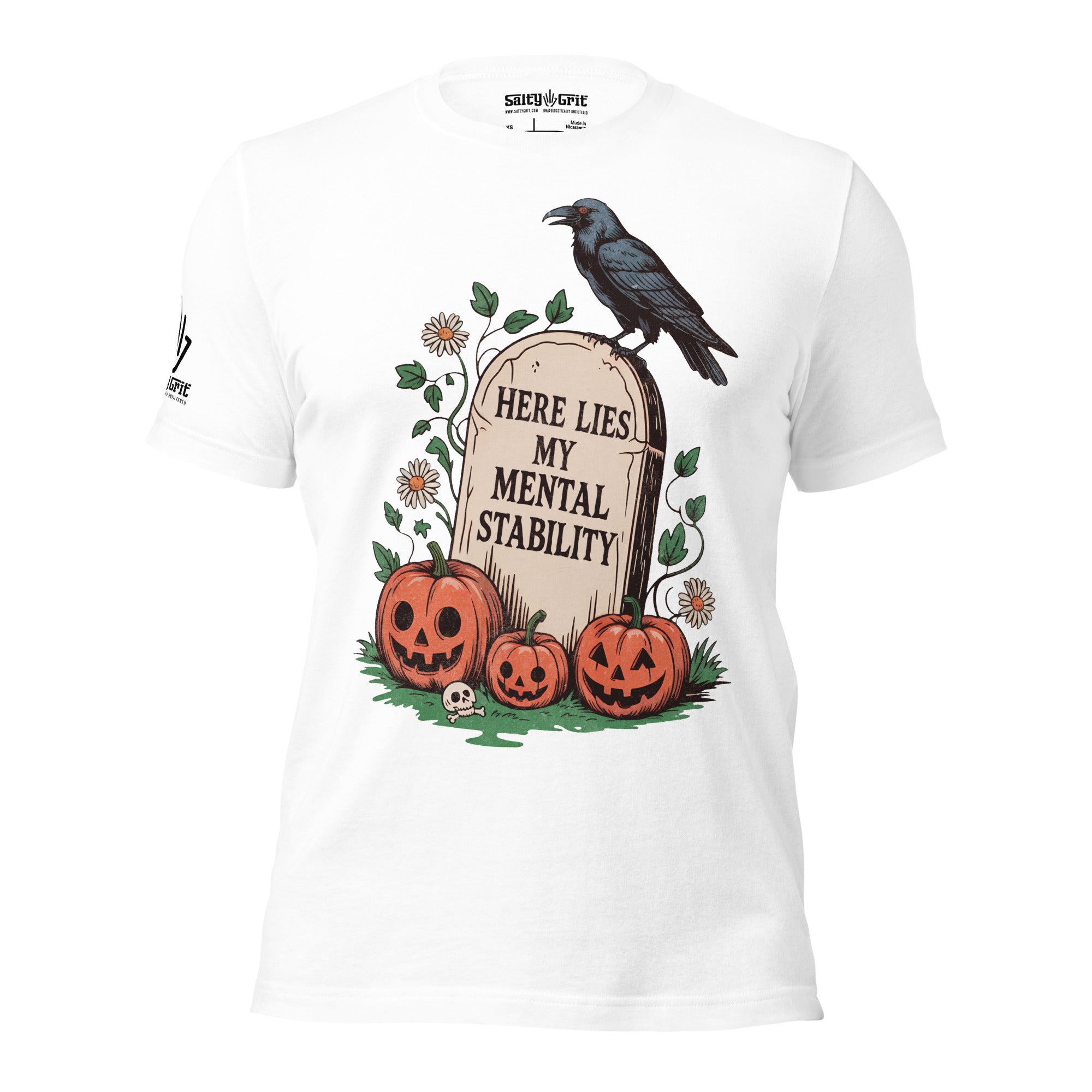 Sarcastic t-shirt with tombstone, pumpkins, and crow for spooky humor fans