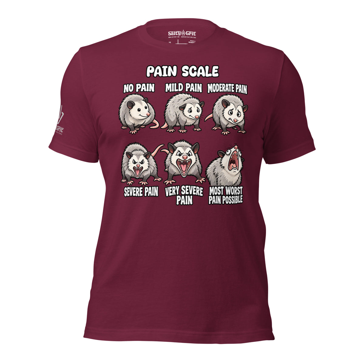 Sarcastic medical humor design with six illustrated opossums and pain-level labels.