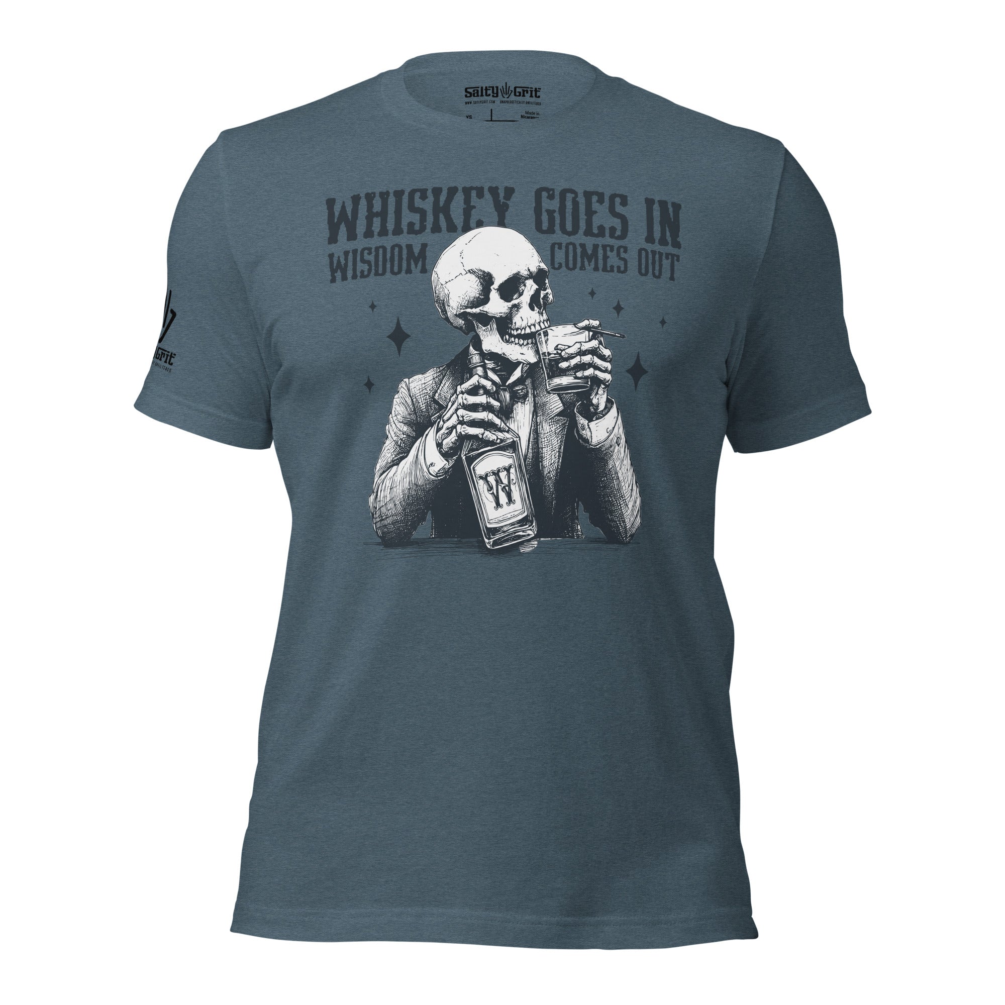 Sarcastic graphic tee featuring skeleton drinking whiskey
