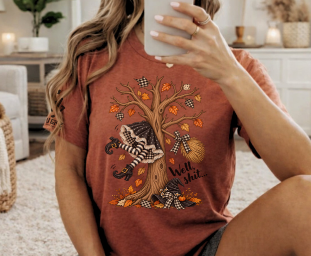 Sarcastic witch shirt featuring a broom crash into a tree