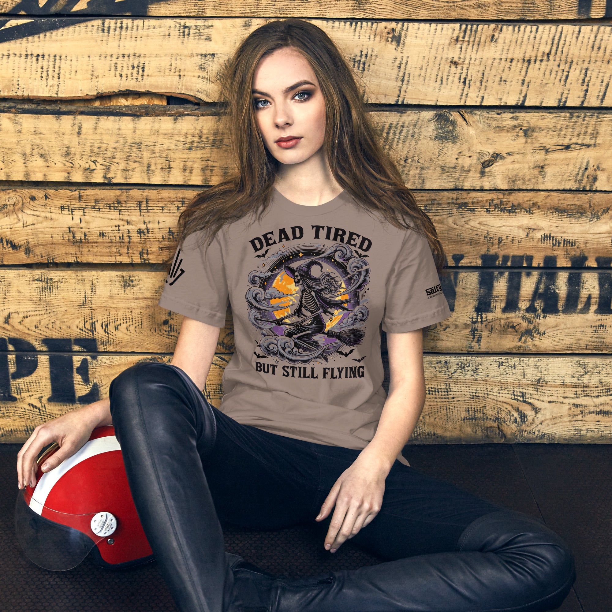 Sarcastic Halloween t-shirt featuring flying witch graphic for women